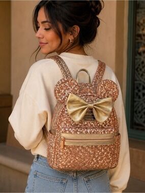 Loungefly Rose Gold Sequin Minnie Ear Mini Backpack with Gold Bow